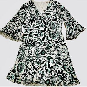 Kobi Halperin Scottie Dress Womens L White Turquoise Black Scroll Travel